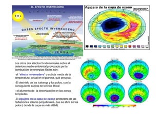 Los otros dos efectos fundamentales sobre el
deterioro medio-ambiental provocado por la
combustión de energías fósiles son:
 el “efecto invernadero” o subida media de la
temperatura anual en el planeta, que provoca:
-El deshielo de los icebergs y los polos, con la
consiguiente subida de la línea litoral
- el alumento de la desertización en las zonas
templadas.
-El agujero en la capa de ozono protectora de las
radiaciones solares perjudiciales, que se abre en los
polos ( donde la capa es más débil).
 