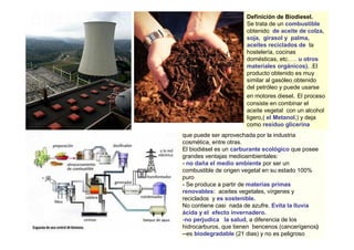 Definición de Biodiesel.
                       Se trata de un combustible
                       obtenido de aceite de colza,
                       soja, girasol y palma,
                       aceites reciclados de la
                       hostelería, cocinas
                       domésticas, etc.…. u otros
                       materiales orgánicos). .El
                       producto obtenido es muy
                       similar al gasóleo obtenido
                       del petróleo y puede usarse
                       en motores diesel. El proceso
                       consiste en combinar el
                       aceite vegetal con un alcohol
                       ligero,( el Metanol,) y deja
                       como residuo glicerina
que puede ser aprovechada por la industria
cosmética, entre otras.
El biodiésel es un carburante ecológico que posee
grandes ventajas medioambientales:
- no daña el medio ambiente por ser un
combustible de origen vegetal en su estado 100%
puro
- Se produce a partir de materias primas
•




renovables: aceites vegetales, vírgenes y
reciclados y es sostenible.
No contiene casi nada de azufre. Evita la lluvia
•




ácida y el efecto invernadero.
-no perjudica la salud, a diferencia de los
hidrocarburos, que tienen bencenos (cancerígenos)
--es biodegradable (21 dias) y no es peligroso
 