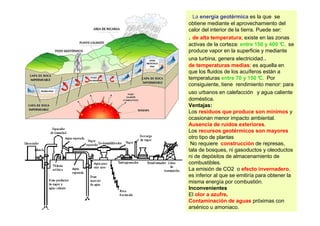 La energía geotérmica es la que se
obtiene mediante el aprovechamiento del
calor del interior de la tierra. Puede ser:
. de alta temperatura; existe en las zonas
activas de la corteza: entre 150 y 400 ° se
                                          C,
produce vapor en la superficie y mediante
una turbina, genera electricidad..
de temperaturas medias: es aquella en
que los fluidos de los acuíferos están a
temperaturas entre 70 y 150 ° Por C.
consiguiente, tiene rendimiento menor: para
uso urbanos en calefacción y agua caliente
doméstica.
Ventajas:
Los residuos que produce son mínimos y
ocasionan menor impacto ambiental.
Ausencia de ruidos exteriores.
Los recursos geotérmicos son mayores
otro tipo de plantas
 No requiere construcción de represas,
tala de bosques, ni gasoductos y oleoductos
ni de depósitos de almacenamiento de
combustibles.
La emisión de CO2 o efecto invernadero,
es inferior al que se emitiría para obtener la
misma energía por combustión.
Inconvenientes
El olor a azufre.
Contaminación de aguas próximas con
arsénico u amoniaco.
 