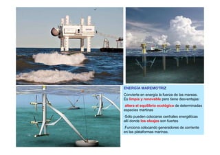 ENERGÍA MAREMOTRIZ
Convierte en energía la fuerza de las mareas.
Es limpia y renovable pero tiene desventajas:
 altera el equilibrio ecológico de determinadas
especies martinas
-Sólo pueden colocarse centrales energéticas
allí donde los oleajes son fuertes
.Funciona colocando generadores de corriente
en las plataformas marinas.
 