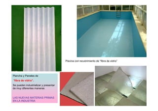 Piscina con recubrimiento de “fibra de vidrio”




Plancha y Paneles de
“fibra de vidrio”.
Se pueden industrializar y presentar
de muy diferentes maneras


LAS NUEVAS MATERIAS PRIMAS
EN LA INDUSTRIA
 