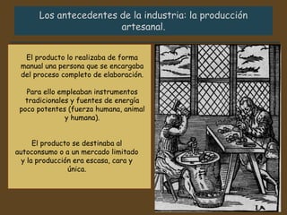 El producto lo realizaba de forma
manual una persona que se encargaba
del proceso completo de elaboración.
Para ello empleaban instrumentos
tradicionales y fuentes de energía
poco potentes (fuerza humana, animal
y humana).
El producto se destinaba al
autoconsumo o a un mercado limitado
y la producción era escasa, cara y
única.
 