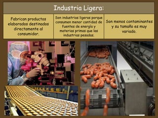 Industria Ligera:
Fabrican productos
elaborados destinados
directamente al
consumidor.
Son industrias ligeras porque
consumen menor cantidad de
fuentes de energía y
materias primas que las
industrias pesadas.
Son menos contaminantes
y su tamaño es muy
variado.
 