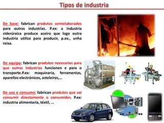 De base: fabrican produtos semielaborados
para outras industrias. P.ex: a industria
siderúrxica produce aceiro que logo outra
industria utiliza para producir, p.ex., unha
reixa.
De equipo: fabrican produtos necesarios para
que outras industrias funcionen e para o
transporte.P.ex: maquinaria, ferramentas,
aparellos electrónicos, asteleiros,…
De uso e consumo: fabrican produtos que vai
consumir directamente o consumidor. P.ex:
industria alimentaria, téxtil, …
 