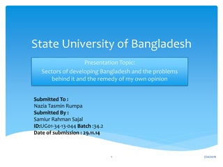 State University of Bangladesh
Presentation Topic:
Sectors of developing Bangladesh and the problems
behind it and the remedy of my own opinion
Submitted To :
Nazia Tasmin Rumpa
Submitted By :
Samiur Rahman Sajal
ID:UG01-34-13-044 Batch :34.2
Date of submission : 29.11.14
7/20/20161
 