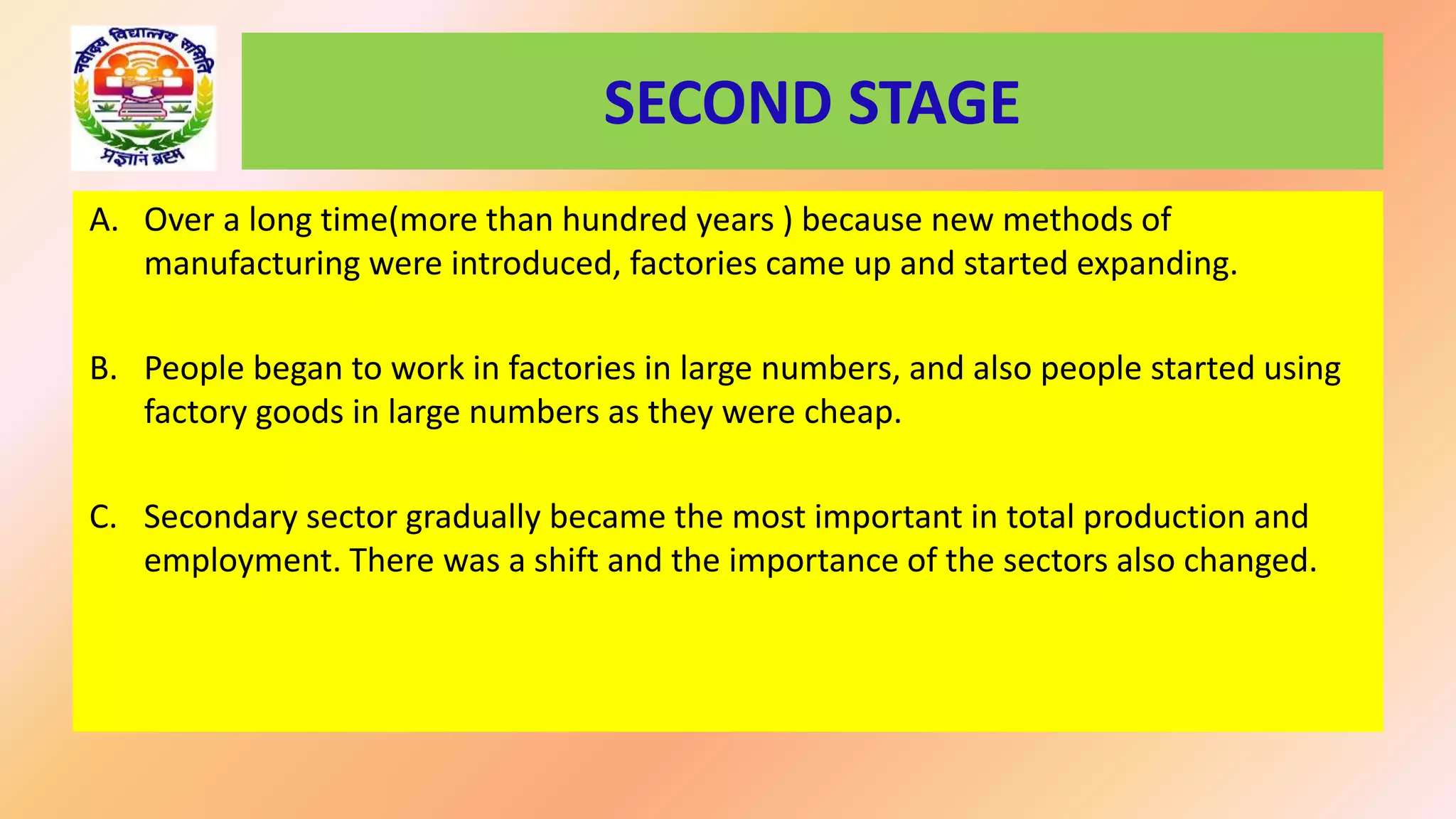 SECOND STAGE
A. Over a long time(more than hundred years ) because new methods of
manufacturing were introduced, factories came up and started expanding.
B. People began to work in factories in large numbers, and also people started using
factory goods in large numbers as they were cheap.
C. Secondary sector gradually became the most important in total production and
employment. There was a shift and the importance of the sectors also changed.
 