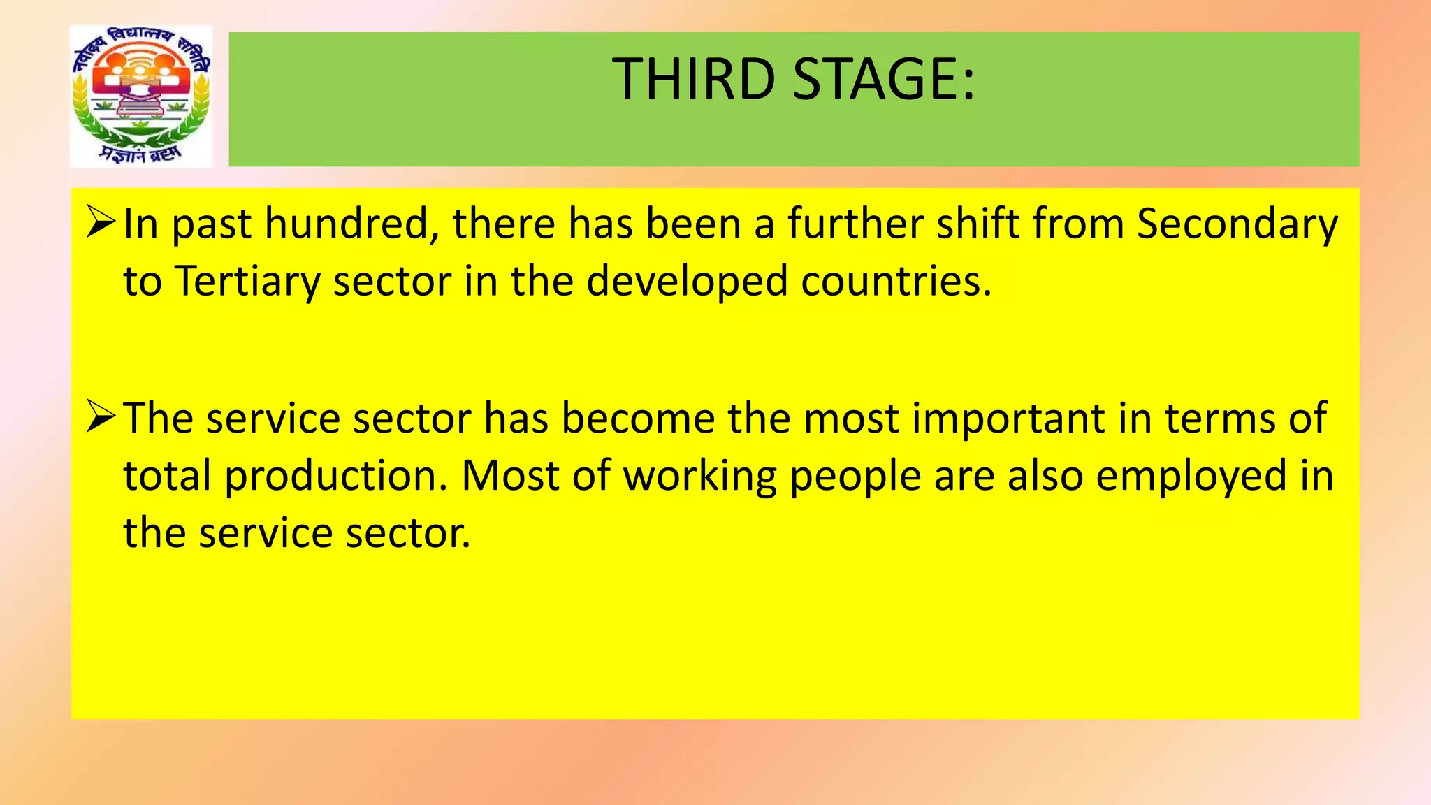 THIRD STAGE:
In past hundred, there has been a further shift from Secondary
to Tertiary sector in the developed countries.
The service sector has become the most important in terms of
total production. Most of working people are also employed in
the service sector.
 