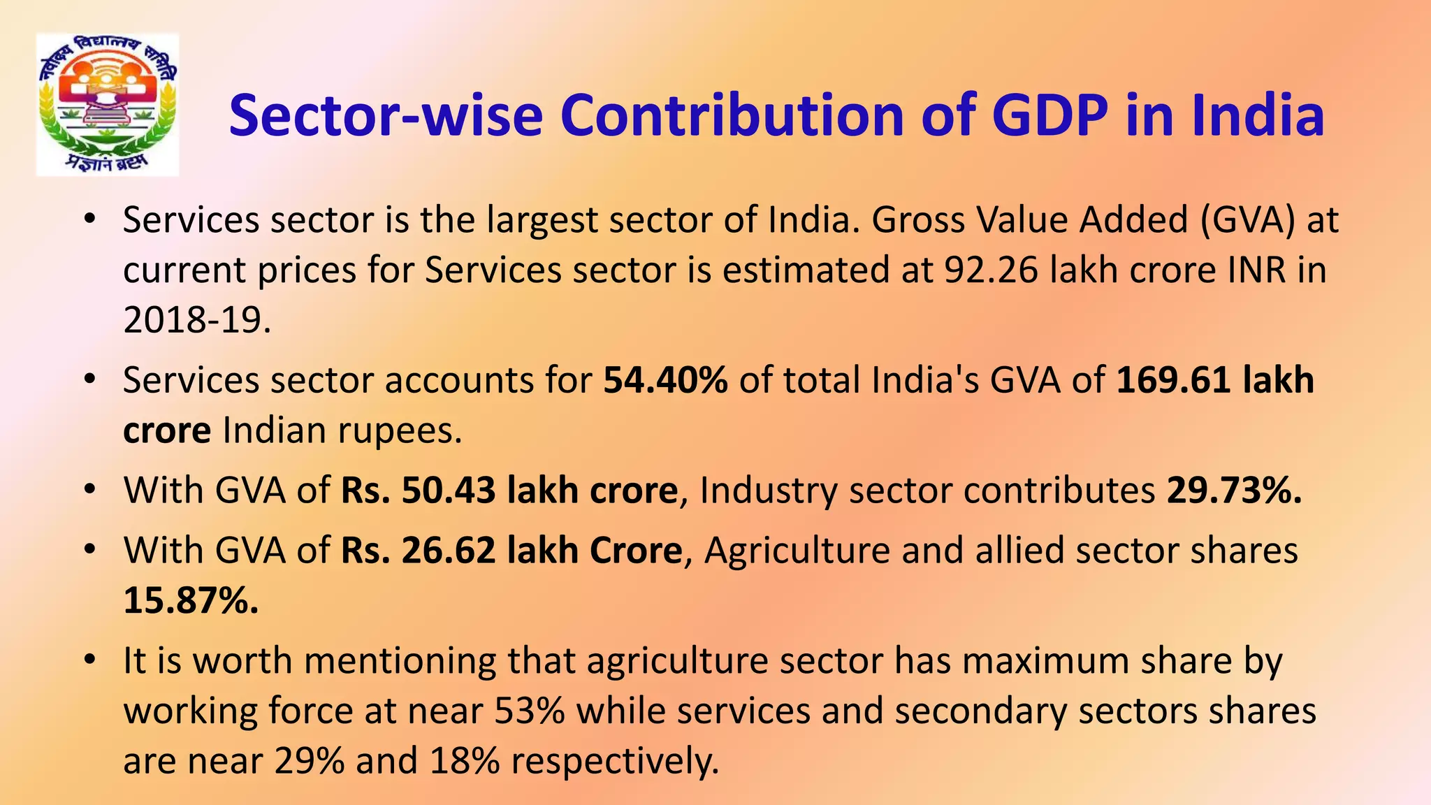 Sector-wise Contribution of GDP in India
• Services sector is the largest sector of India. Gross Value Added (GVA) at
current prices for Services sector is estimated at 92.26 lakh crore INR in
2018-19.
• Services sector accounts for 54.40% of total India's GVA of 169.61 lakh
crore Indian rupees.
• With GVA of Rs. 50.43 lakh crore, Industry sector contributes 29.73%.
• With GVA of Rs. 26.62 lakh Crore, Agriculture and allied sector shares
15.87%.
• It is worth mentioning that agriculture sector has maximum share by
working force at near 53% while services and secondary sectors shares
are near 29% and 18% respectively.
 