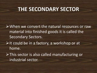 THE SECONDARY SECTOR
When we convert the natural resources or raw
material into finished goods it is called the
Secondary Sectors.
It could be in a factory, a workshop or at
home.
This sector is also called manufacturing or
industrial sector.
 