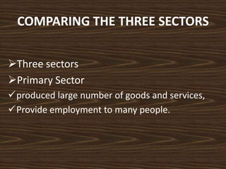 COMPARING THE THREE SECTORS
Three sectors
Primary Sector
produced large number of goods and services,
Provide employment to many people.
 