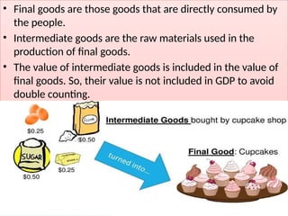• Final goods are those goods that are directly consumed by
the people.
• Intermediate goods are the raw materials used in the
production of final goods.
• The value of intermediate goods is included in the value of
final goods. So, their value is not included in GDP to avoid
double counting.
 