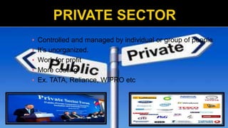 ▪ Controlled and managed by individual or group of people
▪ It’s unorganized.
▪ Work for profit
▪ More costing
▪ Ex. TATA, Reliance, WIPRO etc
 