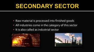 ▪ Raw material is processed into finished goods
▪ All industries come in the category of this sector
▪ It is also called as industrial sector
 
