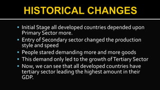  Initial Stage all developed countries depended upon
Primary Sector more.
 Entry of Secondary sector changed the production
style and speed
 People stared demanding more and more goods
 This demand only led to the growth ofTertiary Sector
 Now, we can see that all developed countries have
tertiary sector leading the highest amount in their
GDP.
 
