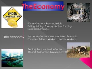 The economy
Primary Sector = Raw materials
Fishing, Mining, Forestry, Arable Farming
Livestock Farming…
Secondary Sector = Manufactured Products
Factories, Artisans Workers, Leather Workers…
Tertiary Sector = Service Sector
Dentist, Policeman, Lawyer, Lorry Driver…
 