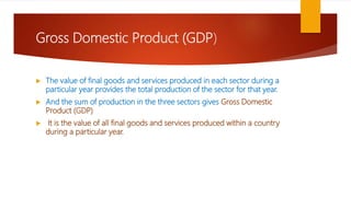 Gross Domestic Product (GDP)
 The value of final goods and services produced in each sector during a
particular year provides the total production of the sector for that year.
 And the sum of production in the three sectors gives Gross Domestic
Product (GDP)
 It is the value of all final goods and services produced within a country
during a particular year.
 
