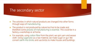 The secondary sector
 The activities in which natural products are changed into other forms
through ways of manufacturing.
 The product is not produced by nature but has to be made and
therefore some process of manufacturing is essential. This could be in a
factory, a workshop or at home.
 For example, using cotton fibre from the plant, we spin yarn and weave
cloth. Using sugarcane as a raw material, we make sugar or gur. We
convert earth into bricks and use bricks to make houses and buildings.
 