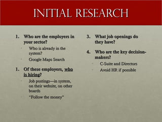 Initial research
1. Who are the employers in        3. What job openings do
   your sector?                       they have?
  •   Who is already in the
      system?                      4. Who are the key decision-
  •   Google Maps Search
                                      makers?
                                     •   C-Suite and Directors
1. Of these employers, who           •   Avoid HR if possible
   is hiring?
  •   Job postings—in system,
      on their website, on other
      boards
  •   “Follow the money”
 