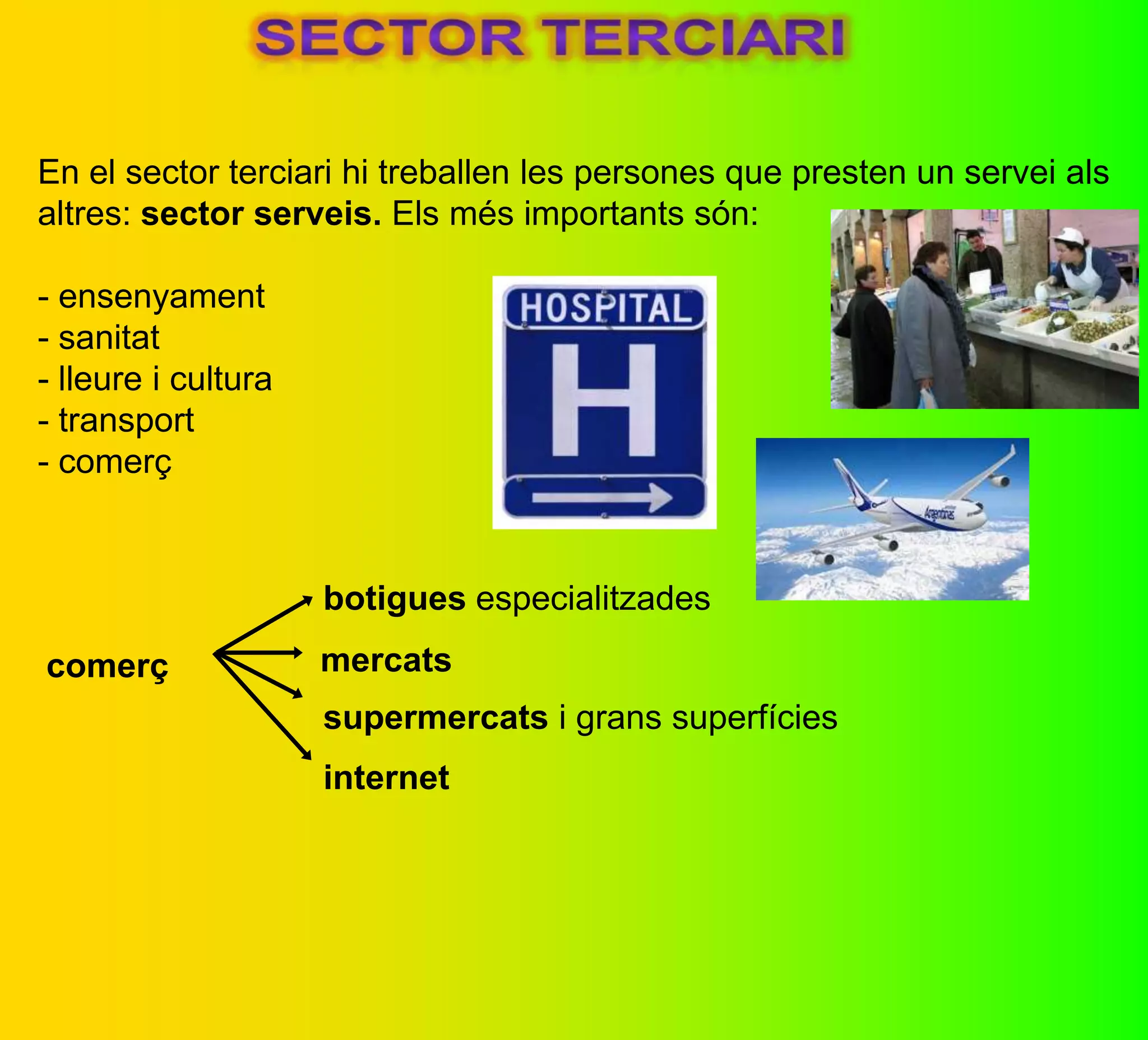 En el sector terciari hi treballen les persones que presten un servei als
altres: sector serveis. Els més importants són:
- ensenyament
- sanitat
- lleure i cultura
- transport
- comerç
comerç
botigues especialitzades
mercats
supermercats i grans superfícies
internet
 