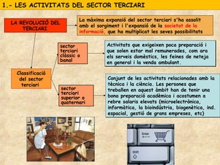 1.- LES ACTIVITATS DEL SECTOR TERCIARI1.- LES ACTIVITATS DEL SECTOR TERCIARI
LA REVOLUCIÓ DEL
TERCIARI
La màxima expansió del sector terciari s'ha assolit
amb el sorgiment i l'expansió de la societat de la
informació, que ha multiplicat les seves possibilitats
Classificació
del sector
terciari
sector
terciari
clàssic o
banal
sector
terciari
superior o
quaternari
Activitats que exigeixen poca preparació i
que solen estar mal remunerades, com ara
els serveis domèstics, les feines de neteja
en general i la venda ambulant.
Activitats que exigeixen poca preparació i
que solen estar mal remunerades, com ara
els serveis domèstics, les feines de neteja
en general i la venda ambulant.
Conjunt de les activitats relacionades amb la
tècnica i la ciència. Les persones que
treballen en aquest àmbit han de tenir una
bona preparació acadèmica i acostumen a
rebre salaris elevats (microelectrònica,
informàtica, la bioindústria, biogenètica, ind.
espacial, gestió de grans empreses, etc)
Conjunt de les activitats relacionades amb la
tècnica i la ciència. Les persones que
treballen en aquest àmbit han de tenir una
bona preparació acadèmica i acostumen a
rebre salaris elevats (microelectrònica,
informàtica, la bioindústria, biogenètica, ind.
espacial, gestió de grans empreses, etc)
 