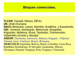 Bloques comerciales.



TLCAN: Canadá, México, EEUU.
UE: Unión Europea.
SACU: Botsuana, Lesoto, Namibia, Sudáfrica y Suazilandia.
CEI: Armenia, Azerbaiyán, Bielorrusia, Kazajistán,
Kirguistán, Moldavia, Rusia, Tayikistán, Turkmenistán,
Uzbekistán,Ucrania y Georgia.
ASEAN: Thailandia, Indonesia, Malasia, Singapur , Filipinas.
Vietnam, Laos, Camboya, Brunéi ,Birmania,
MERCOSUR:Argentina, Bolivia, Brasil, Colombia, Costa Rica,
República Dominicana, El Salvador, Guatemala, México,
Nicaragua, Panamá, Paraguay, Perú, Uruguay y Venezuela
 