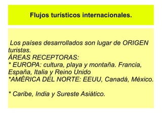 Flujos turísticos internacionales.



 Los países desarrollados son lugar de ORIGEN
turistas.
ÁREAS RECEPTORAS:
* EUROPA: cultura, playa y montaña. Francia,
España, Italia y Reino Unido
*AMÉRICA DEL NORTE: EEUU, Canadá, México.

* Caribe, India y Sureste Asiático.
 