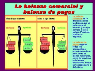 La balanza comercial yLa balanza comercial y
balanza de pagosbalanza de pagos
• La balanza
comercial es la
diferencia entre
los bienes que un
país vende al
exterior y los que
compra a otros
países. Puede ser
positiva o
negativa.
• La balanza de
pagos registra
todos los
intercambios
económicos de un
país, tanto de
bienes materiales,
como de servicios
o de bienes
financieros. Puede
ser excedentaria o
deficitaria.
 