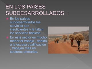  En los países
subdesarrollados los
servicios son
insuficientes y le faltan
los servicios básicos.
 En este sector es mucho
menor el trabajo , debido
a la escasa cualificación
, trabajan más en
sectores primarios.
 
