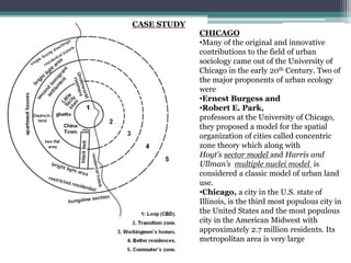 CHICAGO
•Many of the original and innovative
contributions to the field of urban
sociology came out of the University of
Chicago in the early 20th Century. Two of
the major proponents of urban ecology
were
•Ernest Burgess and
•Robert E. Park,
professors at the University of Chicago,
they proposed a model for the spatial
organization of cities called concentric
zone theory which along with
Hoyt’s sector model and Harris and
Ullman’s multiple nuclei model is
considered a classic model of urban land
use.
•Chicago, a city in the U.S. state of
Illinois, is the third most populous city in
the United States and the most populous
city in the American Midwest with
approximately 2.7 million residents. Its
metropolitan area is very large
CASE STUDY
 