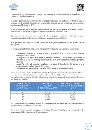 Los gastos de notaría, corretaje o registro, en su caso, se satisfarían según se acuerde entre el
cliente y la entidad de crédito.

El cliente podrá realizar amortización anticipada voluntaria en las fechas y términos que se
acuerde con la entidad financiera en su contrato, siempre que no se superen las comisiones
máximas establecidas por ICO.

Si en el contrato no se regulara expresamente en que fechas puede realizar el cliente la
cancelación, se entenderá que puede realizar en cualquier fecha que elija.

Teniendo en cuenta lo anterior, la cancelación anticipada voluntaria, total o parcial de la
operación de préstamo/leasing se realizará en las siguientes condiciones:

Si el préstamo es a tipo de interés variable no se imputará penalización por la cancelación
anticipada.

Si el préstamo se formalizó a tipo fijo hay que tener en cuenta las siguientes condiciones:

   1. Para operaciones que se encuentren dentro del ámbito de la Ley 41/2007, de regulación
      del mercado hipotecario:
      Se imputará un 0,50% flat sobre el importe cancelado, a la fecha de liquidación de
      intereses, si la cancelación se produce durante los 5 primeros años de vida del préstamo
      /leasing.
      0,25% flat sobre el importe cancelado, a la fecha de liquidación de intereses, si la
      cancelación se produce a partir del 5º año.
   2. Para el resto de operaciones a tipo fijo: 1% flat sobre el importe cancelado.

En todos los casos, si la amortización anticipada se produce durante los 2 primeros años de
vida de la financiación, la entidad podrá aplicar una comisión sobre el importe amortizado
cuyo porcentaje variará en función del semestre en que se produzca la amortización dentro de
los siguientes límites:

      SEMESTRE DE LA                  COMISIÓN (FLAT)             COMISION (FLAT) PLAZOS
      AMORTIZACIÓN                        PLAZOS                  IGUALES O SUPERIORES A
        ANTICIPADA                  INFERIORES A 5 AÑOS                   5 AÑOS

              1º                             0,34%                            0,47%
              2º                             0,23%                            0,33%
              3º                             0,15%                            0,21%
              4º                             0,06%                            0,09%

Esta comisión será, en su caso, adicional a las comisiones por amortización anticipada que se
establezcan en el contrato de préstamo.

En el caso de amortización anticipada el cliente deberá devolver la parte proporcional de los
importes recibidos en concepto de bonificación.




                                                                                                    56
 
