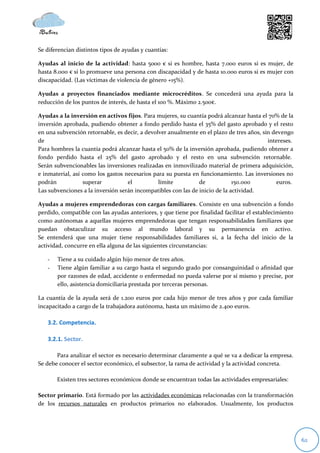 Se diferencian distintos tipos de ayudas y cuantías:

Ayudas al inicio de la actividad: hasta 5000 € si es hombre, hasta 7.000 euros si es mujer, de
hasta 8.000 € si lo promueve una persona con discapacidad y de hasta 10.000 euros si es mujer con
discapacidad. (Las víctimas de violencia de género +15%).

Ayudas a proyectos financiados mediante microcréditos. Se concederá una ayuda para la
reducción de los puntos de interés, de hasta el 100 %. Máximo 2.500€.

Ayudas a la inversión en activos fijos. Para mujeres, su cuantía podrá alcanzar hasta el 70% de la
inversión aprobada, pudiendo obtener a fondo perdido hasta el 35% del gasto aprobado y el resto
en una subvención retornable, es decir, a devolver anualmente en el plazo de tres años, sin devengo
de                                                                                        intereses.
Para hombres la cuantía podrá alcanzar hasta el 50% de la inversión aprobada, pudiendo obtener a
fondo perdido hasta el 25% del gasto aprobado y el resto en una subvención retornable.
Serán subvencionables las inversiones realizadas en inmovilizado material de primera adquisición,
e inmaterial, así como los gastos necesarios para su puesta en funcionamiento. Las inversiones no
podrán            superar          el          límite          de            150.000         euros.
Las subvenciones a la inversión serán incompatibles con las de inicio de la actividad.

Ayudas a mujeres emprendedoras con cargas familiares. Consiste en una subvención a fondo
perdido, compatible con las ayudas anteriores, y que tiene por finalidad facilitar el establecimiento
como autónomas a aquellas mujeres emprendedoras que tengan responsabilidades familiares que
puedan obstaculizar su acceso al mundo laboral y su permanencia en activo.
Se entenderá que una mujer tiene responsabilidades familiares si, a la fecha del inicio de la
actividad, concurre en ella alguna de las siguientes circunstancias:

   -   Tiene a su cuidado algún hijo menor de tres años.
   -   Tiene algún familiar a su cargo hasta el segundo grado por consanguinidad o afinidad que
       por razones de edad, accidente o enfermedad no pueda valerse por sí mismo y precise, por
       ello, asistencia domiciliaria prestada por terceras personas.

La cuantía de la ayuda será de 1.200 euros por cada hijo menor de tres años y por cada familiar
incapacitado a cargo de la trabajadora autónoma, hasta un máximo de 2.400 euros.

   3.2. Competencia.

   3.2.1. Sector.

       Para analizar el sector es necesario determinar claramente a qué se va a dedicar la empresa.
Se debe conocer el sector económico, el subsector, la rama de actividad y la actividad concreta.

       Existen tres sectores económicos donde se encuentran todas las actividades empresariales:

Sector primario. Está formado por las actividades económicas relacionadas con la transformación
de los recursos naturales en productos primarios no elaborados. Usualmente, los productos




                                                                                                        62
 