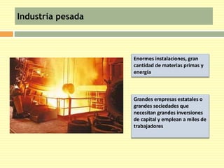 Industria pesada 
Enormes instalaciones, gran 
cantidad de materias primas y 
energía 
Grandes empresas estatales o 
grandes sociedades que 
necesitan grandes inversiones 
de capital y emplean a miles de 
trabajadores 
 