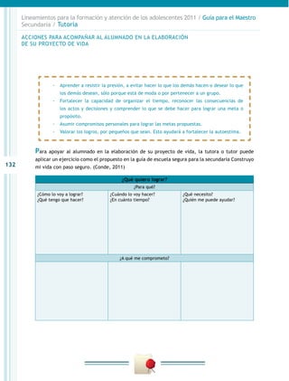 132
Lineamientos para la formación y atención de los adolescentes 2011 / Guía para el Maestro
Secundaria / Tutoría
¿Qué quiero lograr?
¿Para qué?
¿Cómo lo voy a lograr?
¿Qué tengo que hacer?
¿Cuándo lo voy hacer?
¿En cuánto tiempo?
¿Qué necesito?
¿Quién me puede ayudar?
¿A qué me comprometo?
Para apoyar al alumnado en la elaboración de su proyecto de vida, la tutora o tutor puede
aplicar un ejercicio como el propuesto en la guía de escuela segura para la secundaria Construyo
mi vida con paso seguro. (Conde, 2011)
-- Aprender a resistir la presión, a evitar hacer lo que los demás hacen o desear lo que
los demás desean, sólo porque está de moda o por pertenecer a un grupo.
-- Fortalecer la capacidad de organizar el tiempo, reconocer las consecuencias de
los actos y decisiones y comprender lo que se debe hacer para lograr una meta o
propósito.
-- Asumir compromisos personales para lograr las metas propuestas.
-- Valorar los logros, por pequeños que sean. Esto ayudará a fortalecer la autoestima.
ACCIONES PARA ACOMPAÑAR AL ALUMNADO EN LA ELABORACIÓN
DE SU PROYECTO DE VIDA
 