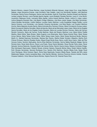 Navarro Moreno, Joaquín Flores Ramírez, Jorge Humberto Miranda Vázquez, Jorge López Cruz, Jorge Medina
Salazar, Jorge Zamacona Evenes, José Humberto Trejo Catalán, José Luis Hernández Sarabia, Julia Martínez
Fernández, Karina Franco Rodríguez, Karina Leal Hernández, Karla M. Pinal Mora, Karolina Grissel Lara Ramírez,
Larissa Langner Romero, Laura Daniela Aguirre Aguilar, Laura Elizabeth Paredes Ramírez, Laura H. Lima Muñiz,
Laurentino Velázquez Durán, Leonardo Meza Aguilar, Leticia Araceli Martínez Zárate, Leticia G. López Juárez,
Leticia Margarita Alvarado Díaz, Lilia Beatriz Ortega Villalobos, Lilia Elena Juárez Vargas, Lilia Mata Hernández,
Liliana Morales Hernández, Lizette Zaldívar, Lourdes Castro Martínez, Lucila Guadalupe Vargas Padilla, Lucina
García Cisneros, Luis Fernández, Luis Gerardo Cisneros Hernández, Luis Reza Reyes, Luis Tonatiuh Martínez
Aroche, María Alejandra Acosta García, María Antonieta Ilhui Pacheco Chávez, María Concepción Europa Juárez,
María Concepción Medina González, María de Ibarrola, María de las Mercedes López López, María de los Ángeles
García González, María de los Ángeles Huerta Alvarado, María de Lourdes Romero Ocampo, María del Carmen
Rendón Camacho, María del Carmen Tovilla Martínez, María del Rosario Martínez Luna, María Esther Padilla
Medina, María Esther Tapia Álvarez, María Eugenia Luna Elizarrarás, María Teresa Aranda Pérez, María Teresa
Arroyo Gámez, María Teresa Carlos Yáñez, María Teresa López Castro, María Teresa Sandoval Sevilla, Mariano
Martín G., Maribel Espinosa Hernández, Marissa Mar Pecero, Martha Estela Tortolero Villaseñor, Martha Ruth
Chávez Enríquez, Mauricio Rosales Ávalos, Miguel Ángel Dávila Sosa, Nancy Judith Nava Castro, Nelly del Pilar
Cervera Cobos, Nonitzin Maihualida, Norma Erika Martínez Fernández, Norma Nélida Reséndiz Melgar, Norma
Romero Irene, Óscar Isidro Bruno, Óscar Luna Prado, Óscar Osorio Beristain, Óscar Román Peña López, Óscar
Salvador Ventura Redondo, Oswaldo Martín del Campo Núñez, Ramón Guerra Araiza, Rebeca Contreras Ortega,
Rita Holmbaeck Rasmussen, Roberto Renato Jiménez Cabrera, Rosendo Bolívar Meza, Rubén Galicia Castillo,
Ruth Olivares Hernández, Samaria Rodríguez Cruz, Sandra Ortiz Martínez, Sandra Villeda Ávila, Sergio Pavel
Cano Rodríguez, Silvia Campos Olguín, Sonia Daza Sepúlveda, Susana Villeda Reyes, Teresita del Niño Jesús
Maldonado Salazar, Urania Lanestosa Baca, Uriel Garrido Méndez, Verónica Florencia Antonio Andrés, Vicente
Oropeza Calderón, Víctor Manuel García Montes, Virginia Tenorio Sil, Yolanda Pizano Ruiz.
 