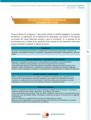 95
Lineamientos para la formación y atención de los adolescentes 2011 / Guía para el Maestro
Secundaria / Tutoría
Como se aprecia en el Esquema 1, diez puntos orientan la relación pedagógica, los procesos
formativos y la organización de la experiencia de aprendizaje y de tutoría en los espacios
curriculares del campo Desarrollo personal y para la convivencia. En el apartado de las
orientaciones para el diseño de los planes de acción tutorial se verá claramente cómo estos
puntos contribuyen a organizar el espacio de tutoría.
Principios que orientan la organización
pedagógica del Campo
Integralidad
Articular varias dimensiones formativas, considerando las características personales, culturales, de
desarrollo, necesidades formativas, su identidad, capacidad de autocuidado, autoaceptación y visión de
futuro.
Carácter práctico y transformador
Ofrecer experiencias formativas que apoyen al alumnado en el desarrollo de su potencial, en la
aplicación de lo aprendido para solucionar problemas, para mejorar las condiciones del entorno
y aportar a la construcción de un mundo mejor a través de la denuncia de injusticias, la acción
organizada y la transformación de las condiciones adversas a la dignidad humana.
Caracter significativo y vivencial de los aprendizajes
Relacionar los procesos formativos con la vida cotidiana del alumnado, con sus sentimientos,
emociones, intereses y preocupaciones, así como con lo que ocurre en su entorno.
Crear condiciones para que los alumnos ejerzan sus derechos, aprendan de manera práctica a ser
solidarios, justos y democráticos y cuestionen las condiciones y actitudes que lesionan la dignidad
humana, como la inequidad, la injusticia, la discriminación, el autoritarismo y la negación de derechos.
Énfasis en la persona
Planear una experiencia educativa en la que se propicie el trabajo con las emociones y se promueva
relaciones interpersonales cálidas, igualitarias, de confianza y de respeto.
Tratar a cada alumno como persona, como ser valioso, propicie la construcción y la reconstrucción de la
autoestima; forje identidades sólidas, individuales y colectivas con base en la conciencia de la dignidad
y los derechos.
Evitar la violencia y la competitividad y promueva la solidaridad entre pares.
Reconocer que el aprendizaje es un proceso que parte de la persona y se fundamenta en su propia
interioridad, así como en las condiciones de su contexto.
 