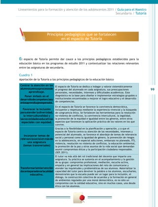 99
Lineamientos para la formación y atención de los adolescentes 2011 / Guía para el Maestro
Secundaria / Tutoría
El espacio de Tutoría permite dar cauce a los principios pedagógicos establecidos para la
educación básica en los programas de estudio 2011 y contextualizar las relaciones relevantes
entre las asignaturas de secundaria.
Cuadro 1
Aportación de la Tutoría a los principios pedagógicos de la educación básico
Centrar la atención en los
alumnosyensusprocesosde
aprendizaje.
Poner énfasis en el
desarrollodecompetenciasy
enlosaprendizajesesperados.
El espacio de Tutoría se dedica a indagar y valorar sistemáticamente
el progreso del alumnado en cada asignatura, sus preocupaciones
personales, necesidades, intereses y dificultades académicas. Este
diagnóstico es la base para diseñar e implementar estrategias grupales o
institucionales encaminadas a mejorar el logro educativo y el desarrollo
de competencias.
Favorecer la inclusión
paraatenderladiversidad,
la interculturalidad y
lasnecesidadeseducativas
especiales con equidad.
En el espacio de Tutoría se favorece la convivencia democrática,
incluyente y respetuosa mediante la experiencia vivencial y la búsqueda
de congruencia ética. Se fortalecen las herramientas para la resolución
no-violenta de conflictos, la convivencia intercultural, la legalidad,
la promoción de la equidad e igualdad entre los géneros, entre otros
aspectos que favorecen la aplicación práctica de los valores en los que
convive.
Incorporar temas de
relevanciasocialenmásde
una asignatura
(temas transversales)
Gracias a la flexibilidad en la planificación y operación, y a que el
espacio de Tutoría centra su atención de las necesidades, intereses y
potencial del alumnado, se favorece el abordaje de temas de relevancia
social y personal como la igualdad de género, la prevención de riesgos
en la adolescencia, en especial adicciones, embarazo no planeado, ITS,
violencia, resolución no violenta de conflictos, la educación ambiental,
la promoción de la paz y otros asuntos de la vida social que demandan
asumir compromisos éticos y la participación ciudadana responsable.
(SEP, 2011).
Transformarlaintervención
docenteparaelevarlacalidad
educativa.
El tutor va más allá del rol tradicional del docente que imparte una
asignatura. Su práctica se sustenta en el acompañamiento y la gestión
de su grupo: compromiso profesional, mediación, escucha activa,
empatía y en general las implicaciones del reto de comunicarse y
atender las inquietudes y problemáticas de sus alumnos. Materializar la
capacidad del tutor para devolver la palabra a los alumnos, escucharles,
demostrarles que la escuela puede ser un lugar para la inclusión, el
diálogo, la construcción colectiva de acuerdos y la formación en general
de ambientes regulados por una moral democrática, es no sólo un
compromiso con la calidad educativa, sino en muchos casos, una deuda
ética con los alumnos.
Princípios pedagógicos que se fortalecen
en el espacio de Tutoría
 