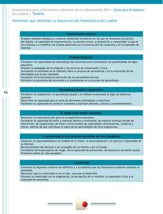 96
Lineamientos para la formación y atención de los adolescentes 2011 / Guía para el Maestro
Secundaria / Tutoría
Comunicación efectiva
Emplear métodos dialógicos y construir ambientes formativos en los que se fortalezca la práctica
del debate, la capacidad de argumentación, la escucha activa, la disposición a comprender lo que el
otro plantea y a modificar sus propias posiciones en la construcción de consensos y en la expresión de
disensos.
Aprendizaje grupal y cooperativo.
Fortalecer la cooperación, el aprendizaje grupal y el trabajo encaminado al logro de objetivos
comunes.
Desarrollar la capacidad para la toma de decisiones individuales y colectivas.
Fortalecer la capacidad de construir consensos y expresar disensos, críticas y cuestionamientos.
El autocuidado y la promoción de estilos de vida saludables.
Fomentar la responsabilidad en el cuidado de sí mismo, la autorregulación y el ejercicio responsable de
la libertad.
Reconocimiento del derecho a ser protegido por su familia y por el Estado.
Incremento de la percepción de riesgo, de la capacidad de prevención, de denuncia y de perdir ayuda.
Promover estilos de vida saludable.
Problematización.
Fortalecer las capacidades de aprendizaje del alumnado para incrementar sus posibilidades de logro
educativo.
Emplear la pedagogía de la pregunta y las técnicas de comprensión crítica.
Acompañar al alumnado en la reflexión sobre su proceso de aprendizaje y en la valoración de las
estrategias que le dan resultado.
Fortalecer en el alumnado la valoración de sus aprendizaes previos.
Estimular la autonomía del alumnado y el compromiso en su proceso de aprendizaje.
El juego como medio educativo.
Reconocer la importancia del gozo en la experiencia educativa.
Fortalecer la capacidad de sentir y expresar afectos y emociones, de explorar diversas formas de
interacción, de cooperación, de llevar a otros niveles las capacidades comunicativas, creativas y
físicas, además de que contribuye al logro de los aprendizajes de otras asignaturas.
Creatividad
Fomentar la respuesta creativa los conflictos y a los desafíos que las situaciones problema plantean al
alumnado.
Reconocer que la creatividad no es un don, sino que se desarrolla.
Vincular la creatividad con la imaginación, la percepción de la realidad, la capacidad crítica y la
búsqueda de soluciones.
PRINCIPIOS QUE ORIENTAN LA ORGANIZACIÓN PEDAGÓGICA DEL CAMPO
 
