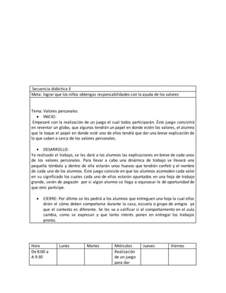 Secuencia didáctica 3
Meta: lograr que los niños obtengas responsabilidades con la ayuda de los valores
Tema: Valores personales
 INICIO:
Empezaré con la realización de un juego el cual todos participarán. Éste juego consistirá
en reventar un globo, que algunos tendrán un papel en donde estén los valores, el alumno
que le toque el papel en donde esté uno de ellos tendrá que dar una breve explicación de
lo que saben a cerca de los valores personales.
 DESARROLLO:
Ya realizado el trabajo, se les dará a los alumnos las explicaciones en breve de cada unos
de los valores personales. Para llevar a cabo una dinámica de trabajo se llevará una
pequeña tómbola y dentro de ella estarán unos huevos que tendrán confeti y el nombre
de cada uno de los alumnos. Éste juego consiste en que los alumnos acomoden cada valor
en su significado los cuales cada uno de ellos estarán apuntados en una hoja de trabajo
grande, serán de pegazón por si algún alumno se llega a equivocar le dé oportunidad de
que otro participe.
 CIERRE: Por último se les pedirá a los alumnos que entreguen una hoja la cual ellos
dirán el cómo deben comportarse durante la casa, escuela o grupo de amigos ya
que el contexto es diferente. Se les va a calificar si el comportamiento en el aula
cambia, como se expresan y que tanto interés ponen en entregar los trabajos
pronto.
Hora Lunes Martes Miércoles Jueves Viernes
De 8:00 a
A 9:30
Realización
de un juego
para dar
 