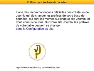 Préfixes de votre base de données


L'une des recommandations officielles des créateurs de
Joomla est de changer les préfixes de votre base de
données, qui sont les mêmes sur chaque site Joomla, et
donc connus de tous. Sur votre site Joomla, les préfixes
de votre table peuvent se changer
dans la Configuration du site.




https://www.akeebabackup.com/download.html
 