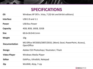 XP SP2+
SPECIFICATIONS
OS Windows XP SP2+, Vista, 7 (32-bit and 64-bit editions)
Interface USB 2.0 and 1.1
Power USB Bus Power
Capacity 4GB, 8GB, 16GB, 32GB
Size 60.6×18.0×8.1mm
Weight 10g
Temperature 0℃～45℃
Documentation
MS Office XP/2003/2007/2010, (Word, Excel, PowerPoint, Access),
OpenOffice
Design Adobe CS3 Photoshop / Illustrator / Flash
Video Player Windows Media Player
Editor EditPlus, UltraEdit, Notepad
Zip WinRAR, Alzip, 7-zip
 