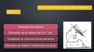 5. Posicionamiento del paciente y protección 
Objetivo 
Extensión de cabeza 
Elevación de la cabeza de 5 a 7 cm. 
Estabilizar la columna bimanualmente 
Maniobra de Sellick Vs Maniobra de Burp 
 