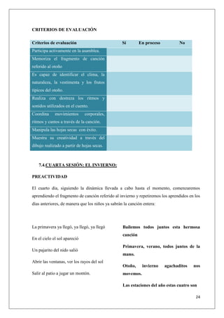 CRITERIOS DE EVALUACIÓN
Criterios de evaluación

Sí

En proceso

No

Participa activamente en la asamblea.
Memoriza el fragmento de canción
referido al otoño
Es capaz de identificar el clima, la
naturaleza, la vestimenta y los frutos
típicos del otoño.
Realiza con destreza los ritmos y
sonidos utilizados en el cuento.
Coordina

movimientos

corporales,

ritmos y cantos a través de la canción.
Manipula las hojas secas con éxito.
Muestra su creatividad a través del
dibujo realizado a partir de hojas secas.

7.4.CUARTA SESIÓN: EL INVIERNO:
PREACTIVIDAD
El cuarto día, siguiendo la dinámica llevada a cabo hasta el momento, comenzaremos
aprendiendo el fragmento de canción referido al invierno y repetiremos los aprendidos en los
días anteriores, de manera que los niños ya sabrán la canción entera:

La primavera ya llegó, ya llegó, ya llegó
En el cielo el sol apareció
Un pajarito del nido salió

Bailemos todos juntos esta hermosa
canción
Primavera, verano, todos juntos de la
mano.

Abrir las ventanas, ver los rayos del sol
Otoño,
Salir al patio a jugar un montón.

invierno

agachaditos

nos

movemos.
Las estaciones del año estas cuatro son
24

 