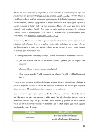 Alberto se queda pensativo y de pronto, el cielo comienza a oscurecerse y un rayo cae
produciendo un gran sonido (fragmento del Invierno 13:00 – 13:12). Alberto, Ducan y
Vivalda miran hacia arriba y empiezan a sentir las gotas de la lluvia (sonido con los dedos).
En ese momento, corren a refugiarse en el porche de su casa. Los rayos siguen cayendo y
Ducan comienza a ladrar cada vez más asustado. Alberto sin saber qué hacer para
calmarlo, pide ayuda a Vivalda. Ésta, saca su varita mágica y pronuncia las palabras
“vivaldi, vivaldá el hada aquí está”. Así, cambia el color del cielo y grandes copos de nieve
comienzan a caer (fragmento del Invierno 13:00 – 13:12).
Poco a poco, Alberto se da cuenta de que se empieza a formar una enorme capa de nieve
cubriendo todo el suelo. El perro se calma y todos salen a disfrutar de la nieve. Alberto
revolcándose entre la nieve, emocionado exclama ¡oh, me encanta la nieve! ¡vamos a hacer
un bonito y gran muñeco con ella!.
Los tres se ponen manos a la obra y ¡alehop! Colorín, colorado este cuento se ha acabado.


¿En qué estación del año se encontraba Alberto? ¿Sabéis qué día empieza esa
estación?



¿Por qué Alberto se escurre cuando sale al patio?



¿Qué ocurrió cuando Vivalda pronunció sus palabras “Vivaldi vivaldá el hada aquí
está”?

Dentro de esta asamblea también trabajaremos algunos ritmos y movimientos volviendo a
poner el fragmento de música clásica. En este caso, utilizaremos los muslos para seguir el
ritmo. Los niños deberán imitar el ritmo propuesto por la profesora.
Con el mural que ya tenemos en clase del día anterior, volveremos a hacer la misma
actividad pero esta vez centrándonos en el invierno. Para ello, los niños deberán poner a
Alberto el pantalón largo, abrigo, las botas, gorro, bufanda y guantes. En cielo deberán
poner las nubes, la lluvia y la nieve y por último en el árbol tendrán que poner algodón
simulando los copos de nieve.
DURACIÓN
30 minutos

ORGANIZACIÓN
Los niños estarán sentados en
semicírculo alrededor de la docente

26

 