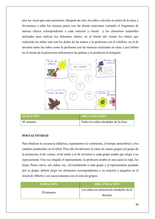 pies las veces que sean necesarias. Después de esto, los niños volverán al centro de la clase y
llevaremos a cabo los mismos pasos con las demás estaciones variando el fragmento de
música clásica correspondiente a cada estación y rincón

y los elementos corporales

utilizados para realizar los diferentes ritmos: en el rincón del verano los ritmos que
realizarán los niños será con los dedos de las manos y la profesora con el xilófono, en el de
invierno tanto los niños como la profesora con las maracas realizadas en clase y por último
en el rincón de la primavera utilizaremos las palmas y la profesora el triángulo.

DURACIÓN

ORGANIZACIÓN

45 minutos

Todos los niños alrededor de la clase

POSTACTIVIDAD
Para finalizar la secuencia didáctica, repasaremos la vestimenta, el tiempo atmosférico y los
cambios producidos en el árbol. Para ello dividiremos la clase en cuatro grupos (el grupo de
la primavera, el de verano, el de otoño y el de invierno) y cada grupo tendrá que elegir a un
representante. Una vez elegido el representante, la profesora tendrá en una cajita la ropa, las
hojas, flores, nieve, sol, nubes, etc., irá nombrando a cada grupo y el representante ayudado
por su grupo, deberá elegir los elementos correspondientes a su estación y pegarlos en el
mural de Alberto y así sucesivamente con el resto de grupos.
DURACIÓN
20 minutos

ORGANIZACIÓN
Los niños en semicírculo alrededor de la
docente
30

 