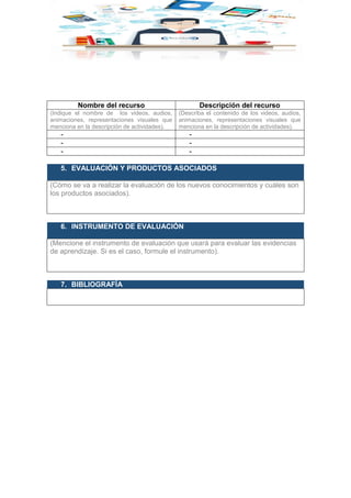 Nombre del recurso Descripción del recurso
(Indique el nombre de los videos, audios,
animaciones, representaciones visuales que
menciona en la descripción de actividades).
(Describa el contenido de los videos, audios,
animaciones, representaciones visuales que
menciona en la descripción de actividades).
- -
- -
- -
5. EVALUACIÓN Y PRODUCTOS ASOCIADOS
(Cómo se va a realizar la evaluación de los nuevos conocimientos y cuáles son
los productos asociados).
6. INSTRUMENTO DE EVALUACIÓN
(Mencione el instrumento de evaluación que usará para evaluar las evidencias
de aprendizaje. Si es el caso, formule el instrumento).
7. BIBLIOGRAFÍA
 