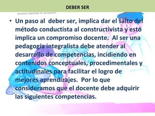 Un paso al  deber ser, implica dar el salto del método conductista al constructivista y esto implica un compromiso docente.  Al ser una pedagogía integralista debe atender al desarrollo de competencias, incidiendo en contenidos conceptuales, procedimentales y actitudinales para facilitar el logro de mejores aprendizajes.  Por lo que consideramos que el docente debe adquirir las siguientes competencias.  DEBER SER 