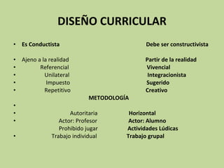 Es Conductista  Debe ser constructivista   Ajeno a la realidad  Partir de la realidad Referencial  Vivencial Unilateral  Integracionista Impuesto  Sugerido Repetitivo  Creativo METODOLOGÍA   Autoritaria  Horizontal Actor: Profesor  Actor: Alumno Prohibido jugar  Actividades Lúdicas Trabajo individual  Trabajo grupal DISEÑO CURRICULAR 