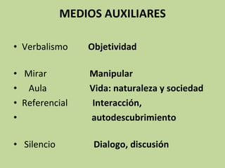 MEDIOS AUXILIARES Verbalismo  Objetividad  Mirar  Manipular Aula  Vida: naturaleza y sociedad Referencial  Interacción,  autodescubrimiento  Silencio  Dialogo, discusión 