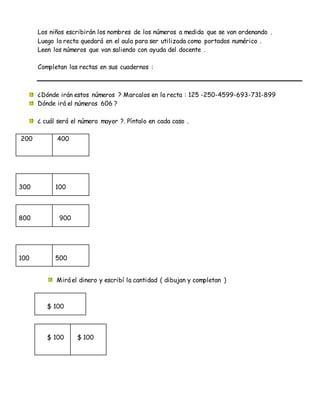 Los niños escribirán los nombres de los números a medida que se van ordenando .
Luego la recta quedará en el aula para ser utilizada como portados numérico .
Leen los números que van saliendo con ayuda del docente .
Completan las rectas en sus cuadernos :
¿Dónde irán estos números ? Marcalos en la recta : 125 -250-4599-693-731-899
Dónde irá el números 606 ?
¿ cuál será el número mayor ?. Píntalo en cada caso .
200 400
300 100
800 900
100 500
Mirá el dinero y escribí la cantidad ( dibujan y completan )
$ 100
$ 100 $ 100
 