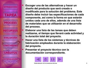 Escoger una de las alternativas y hacer un diseño del producto que será creado o modificado para la solución del problema. Este diseño debe incluir las especificaciones de cada componente, así como la forma en que estarán unidos cada uno de ellos, además de una lista de materiales que se utilizarán en el desarrollo del proceso. Elaborar una lista de las tareas que deben realizarse, el tiempo que llevará cada actividad y la duración total del proyecto. Hacer una lista de los sistemas y técnicas de fabricación empleados durante la elaboración del proyecto. Presentar el proyecto técnico con la documentación correspondiente. INTRODUCCIÓN TAREA PROCESO RECURSOS EVALUACIÓN CONCLUSIONES CRÉDITOS AUTOEVALUACIÓN 